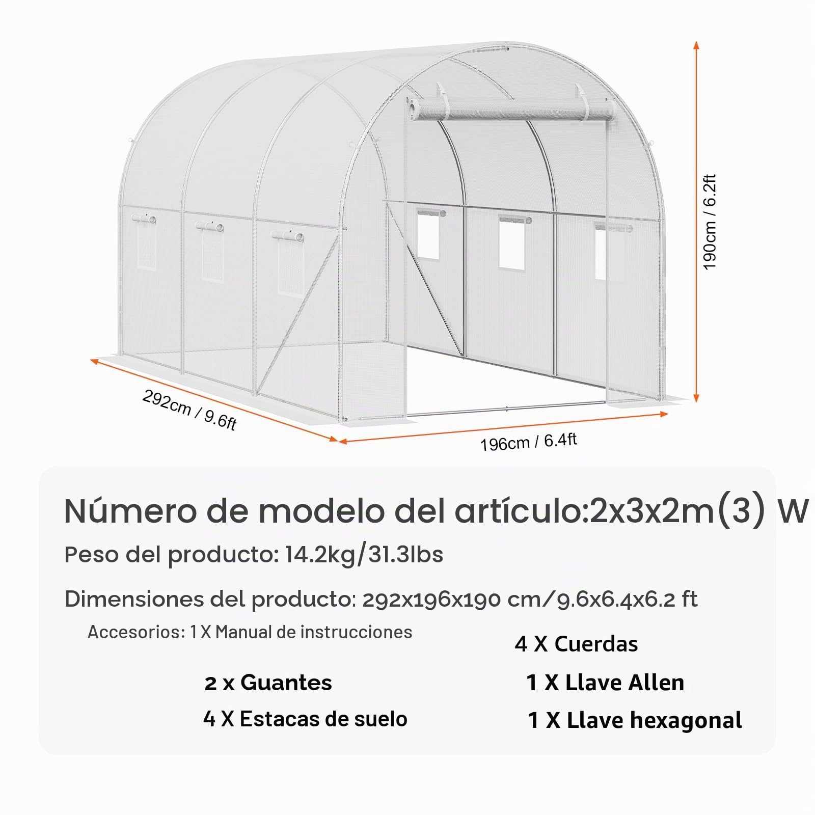 VEVOR Invernadero Túnel 292x196x190 cm Carpa Refugio para Plantas Estructura de Acero Galvanizado Cubierta de PE Puerta Enrollable con Cremallera 6 Ventanas para Cultivo de Verduras Flores, Blanco