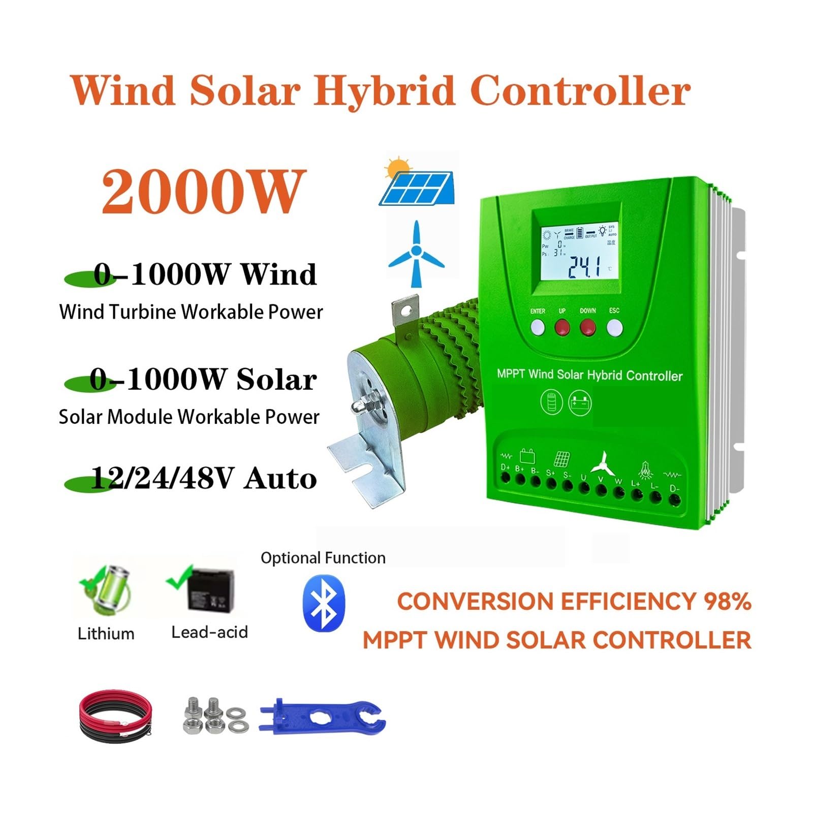 Solar 1000W Wiatr Hybrydowy Solarny Regulator Ładowania 12V 24V 48V MPPT Wyrówniacz Akumulatora Do Bluetooth Opcjonalnie(Without Bluetooth,Auto 24V 48V)