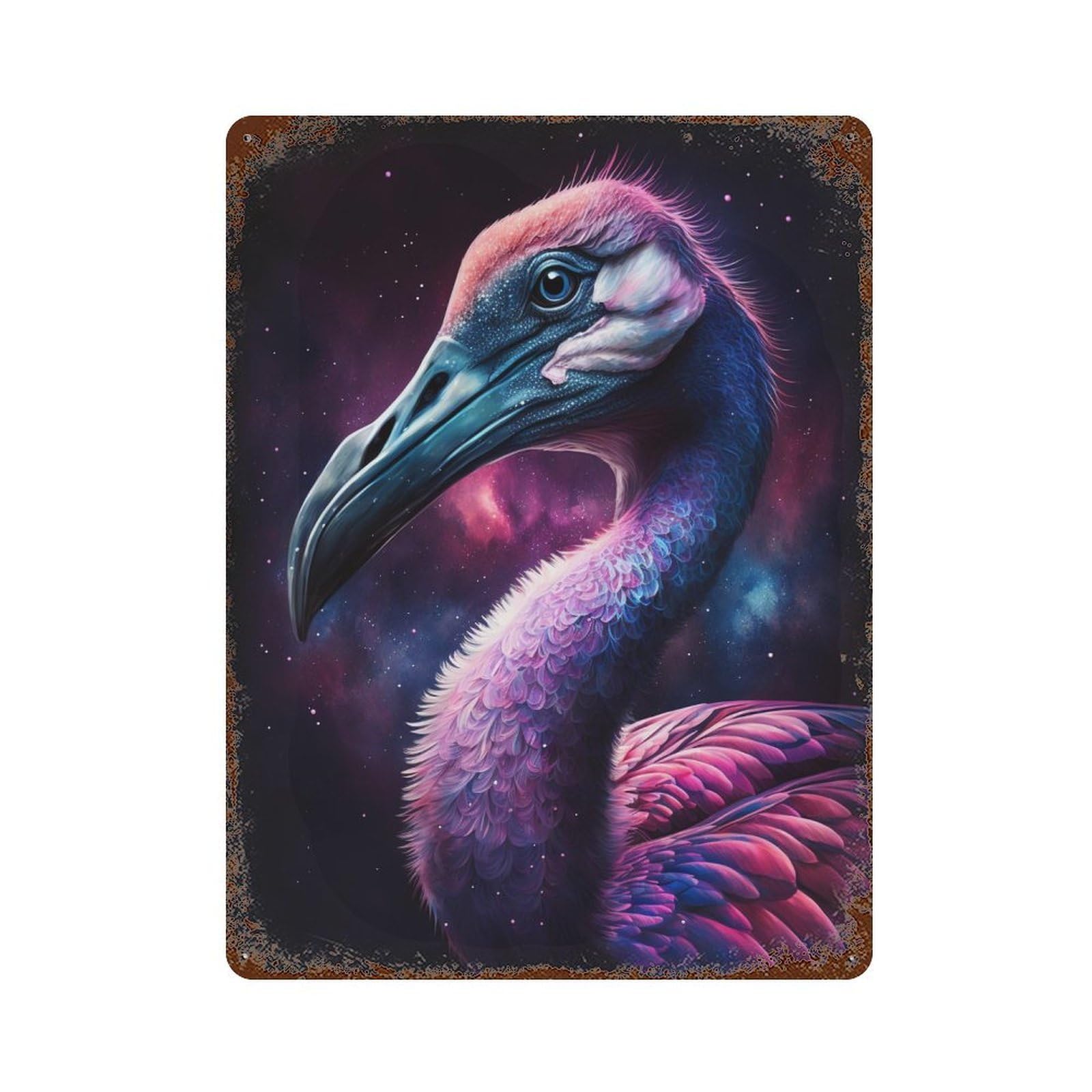 Cosmic Flamingo Art Print-7 Aged Metal Wall Plaque 15.7"x11.8", Industrial Home Decor for Garage, Pub Or Kitchen