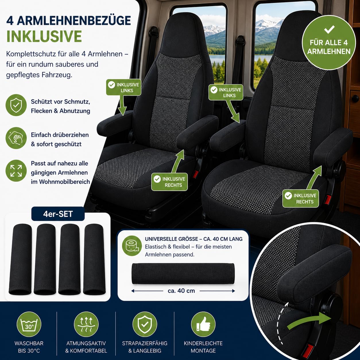 Generisch Fundas de asiento para autocaravana, piloto, asiento del conductor y del copiloto, 2 plazas, tejidos de alta calidad, lavables, juego 1+1 (negro)