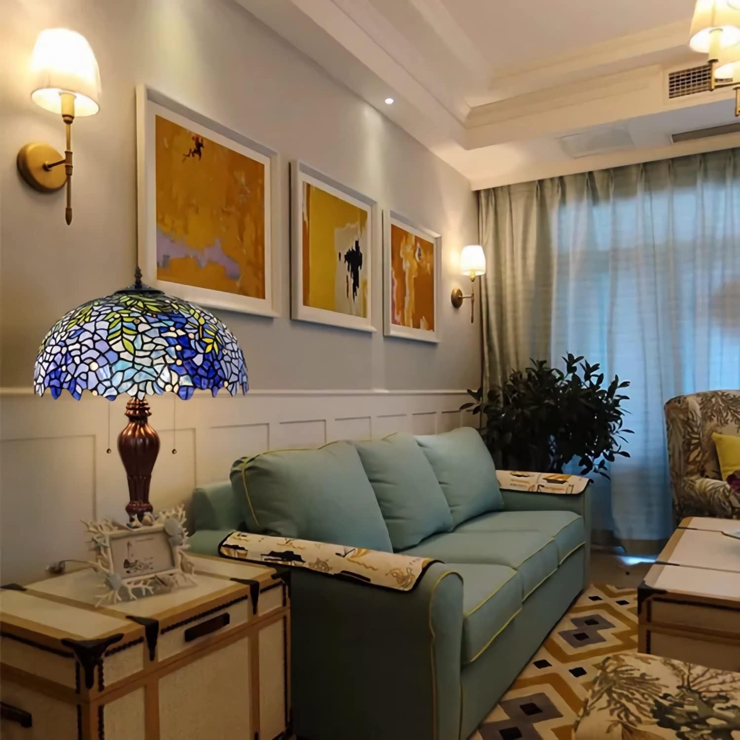 Tiffany Style Wisteria Table Lamp, 16" Stained Glass Bedside Lamp, E27 Bulb, 25" Tall Vintage Night Light for Office,Living Room, Bedroom, Study Room