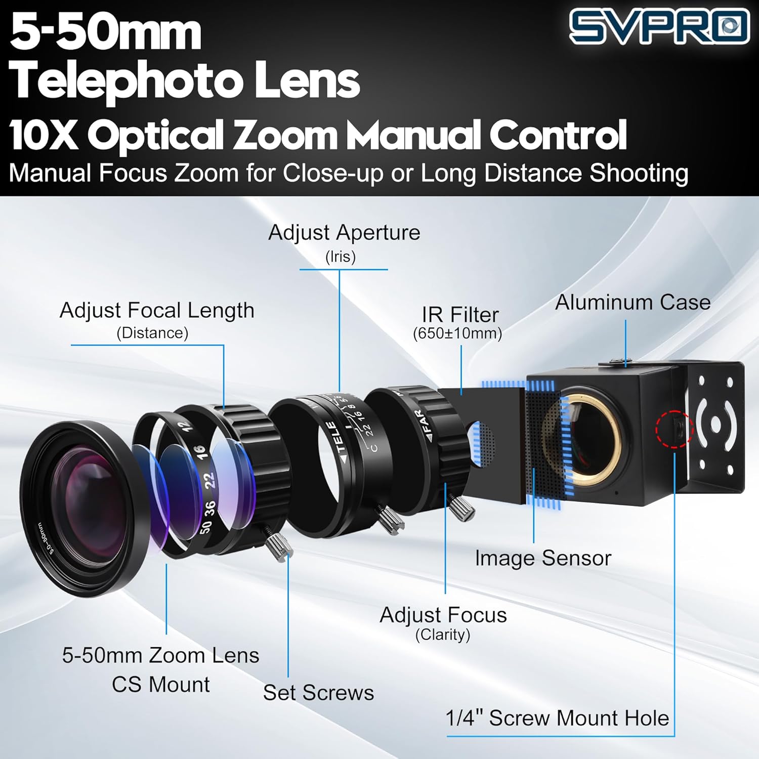 SVPRO 12MP USB Camera with 5-50mm Telephoto Lens, 10X Optical Zoom Manual Webcam 1080P 120fps High Speed UVC Macro Camera for PC/Mac/Linux/Android (12MP Industrial-Grade Professional Variable Lens)
