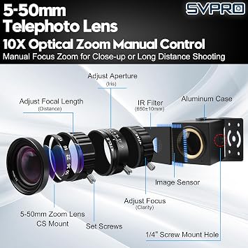 SVPRO 12MP USB Camera with 5-50mm Telephoto Lens, 10X Optical Zoom Manual Webcam 1080P 120fps High Speed UVC Macro Camera for PC/Mac/Linux/Android (12MP Industrial-Grade Professional Variable Lens)