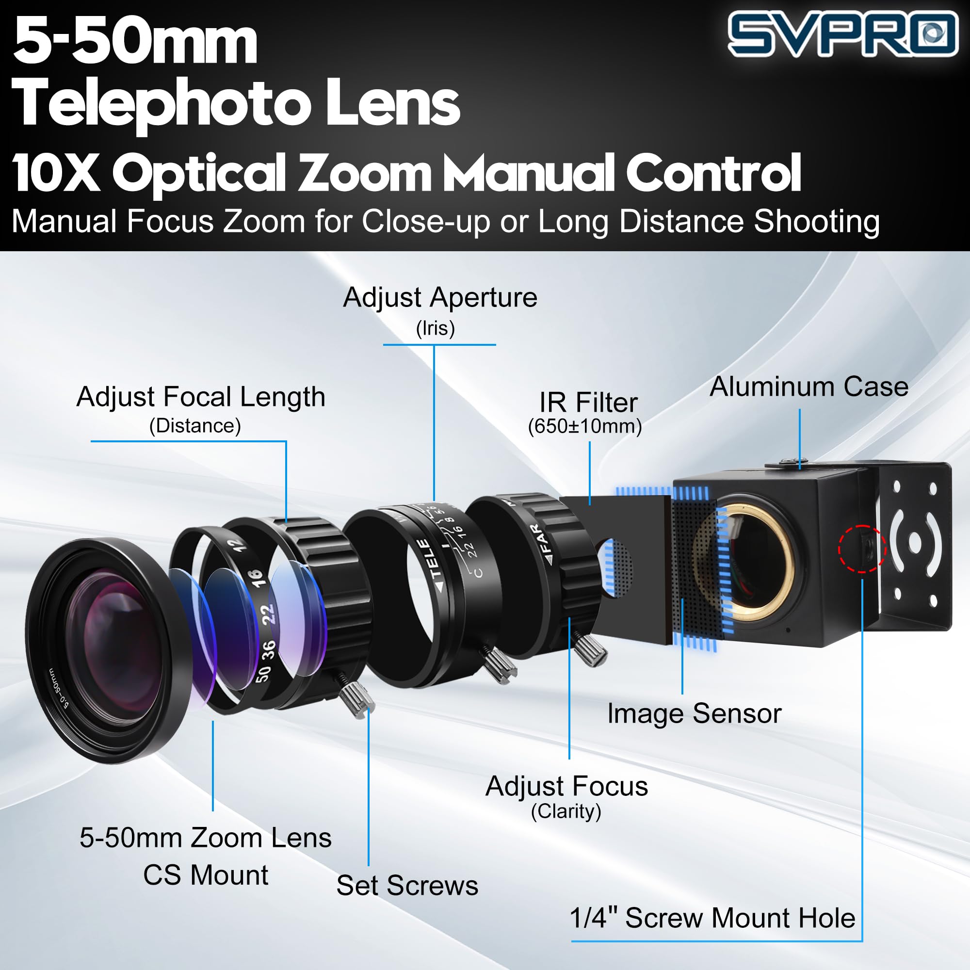 SVPRO Fotocamera USB da 12 MP con teleobiettivo da 5-50 mm, zoom ottico 10x, webcam manuale 1080p 120 fps ad alta velocità UVC macro per PC/Mac/Linux/Android (obiettivo variabile professionale da 12