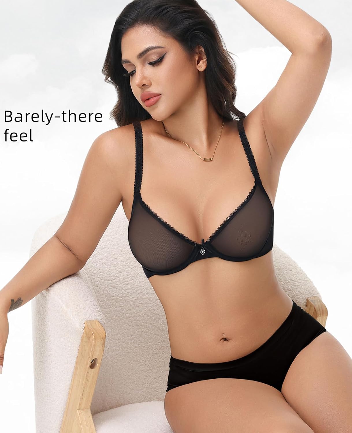 Women's Sheer Mesh Unlined Bras Sexy Lace See Through Demi Plunge Bra Underwire - Image 5