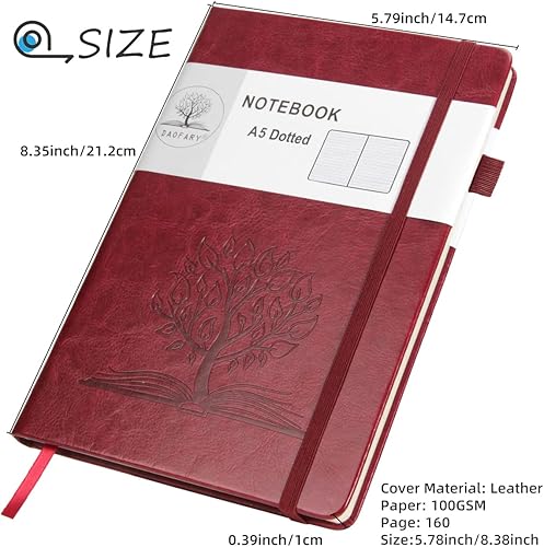 Miniatura 2 de Daofary Cuaderno de puntos con soporte para bolígrafo, cuaderno de cuero A5 con cuadrícula de puntos con 160 páginas, papel grueso de 3.53 ozm,