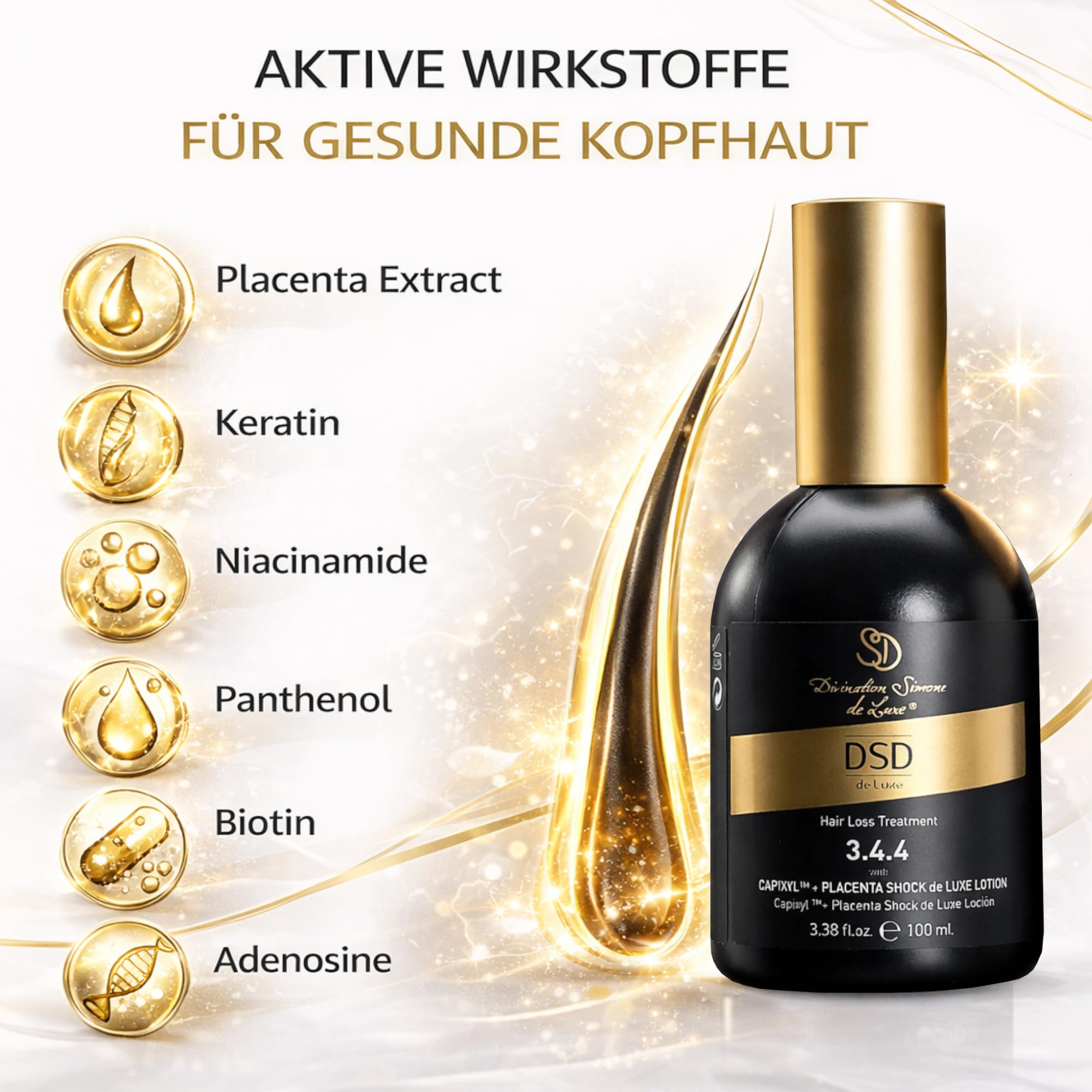 DSD de Luxe 3.4.4 Capixyl + Placenta Shock Lotion 100ml – Haarwachstum Serum gegen Haarausfall mit Acetyl Tetrapeptide-3, Rotklee Extrakt, Biochanin A, Keratin, Niacinamide – Kopfhaut Treatment