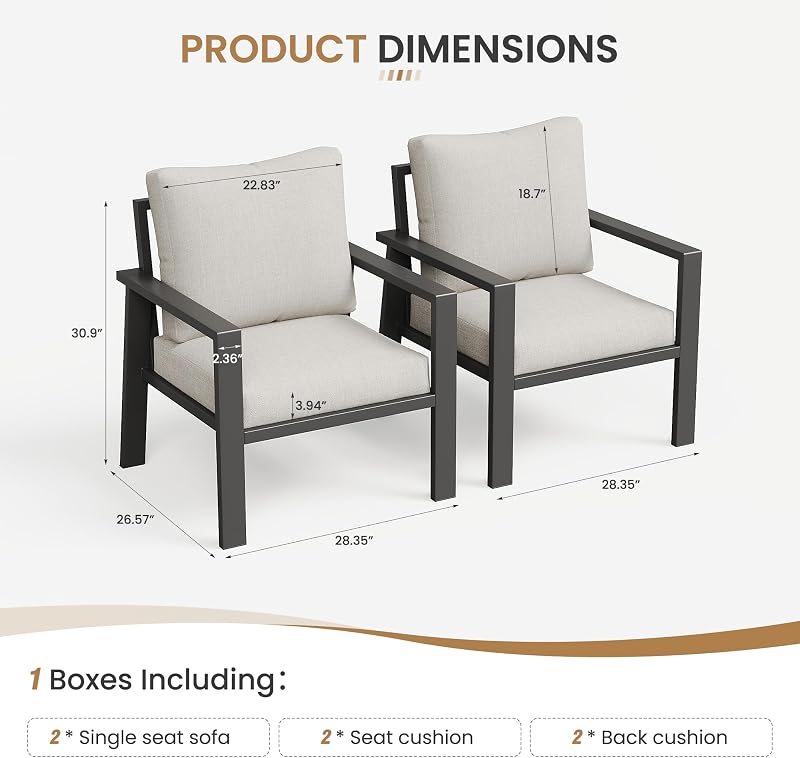 VONZOY Outdoor Sofa Chair Aluminum Patio Couch Set of 2 All-Weather Patio Sofa Armchair Furniture Set Chairs with Beige Cushions image 4