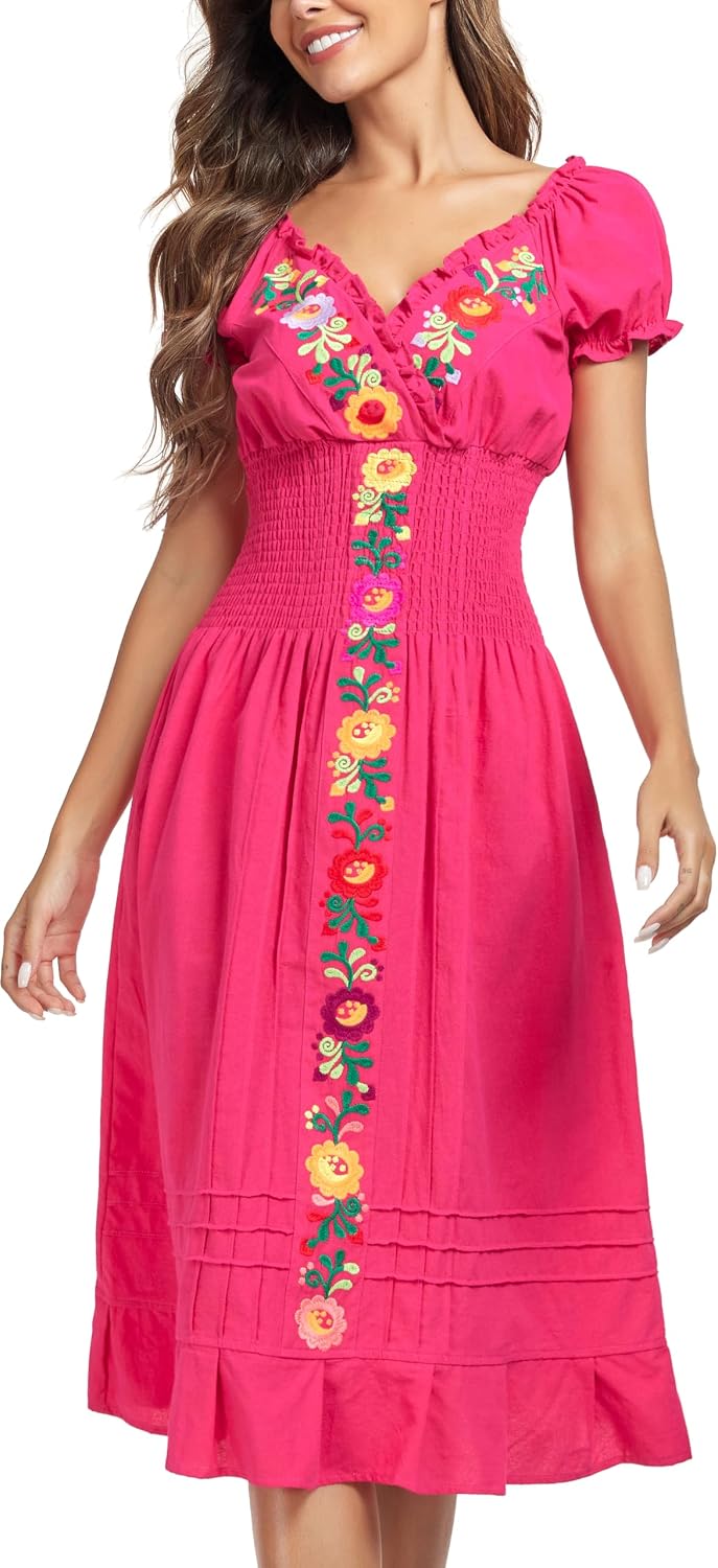 YZXDORWJ Women Mexican Embroidered Casual Dress Summer Ruffle V Neck Short Sleeves