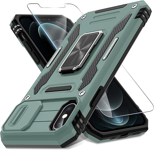 DEERLAMN Funda para iPhone Xs Max con funda deslizante para cámara + protector de pantalla, soporte giratorio de anillo de grado militar a prueba de