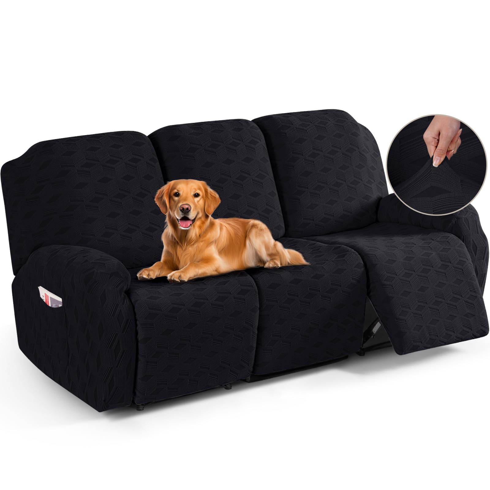 TAOCOCO Recliner Sofa Covers Stretch Reclining Couch Cover, Jacquard Recliner Couch Cover for 3 Seat Furniture Protector Sofa Slipcovers with Elastic Bottom for Kids, Pets (Black)