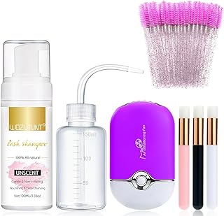 Eyelash Extension Cleanser Lash Mousse Lash Shampoo for Extensions, USB Mini Portable Fan Rechargeable Electric Handheld Air Conditioning Lash Shampoo Lash Brushes Cleanser Brush Wash Bottle(Purple)