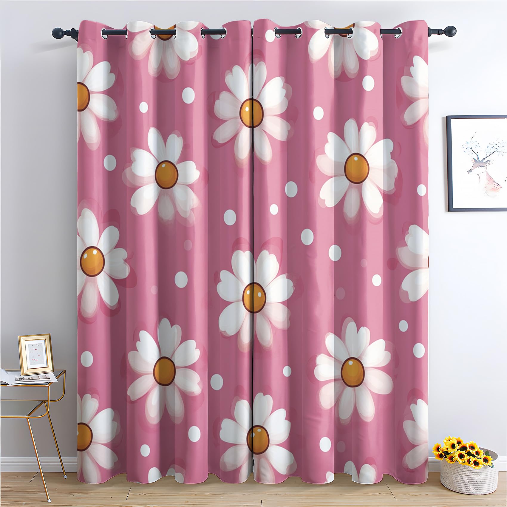 Niyaka Pink Floral Daisy Curtain Blackout, Daisies Polka Dot Curtains 52X54, Living Room & Bedroom Decor Drapes, Thermal Insulated Eyelet Window Treatments 54 Drop, 2 Panels