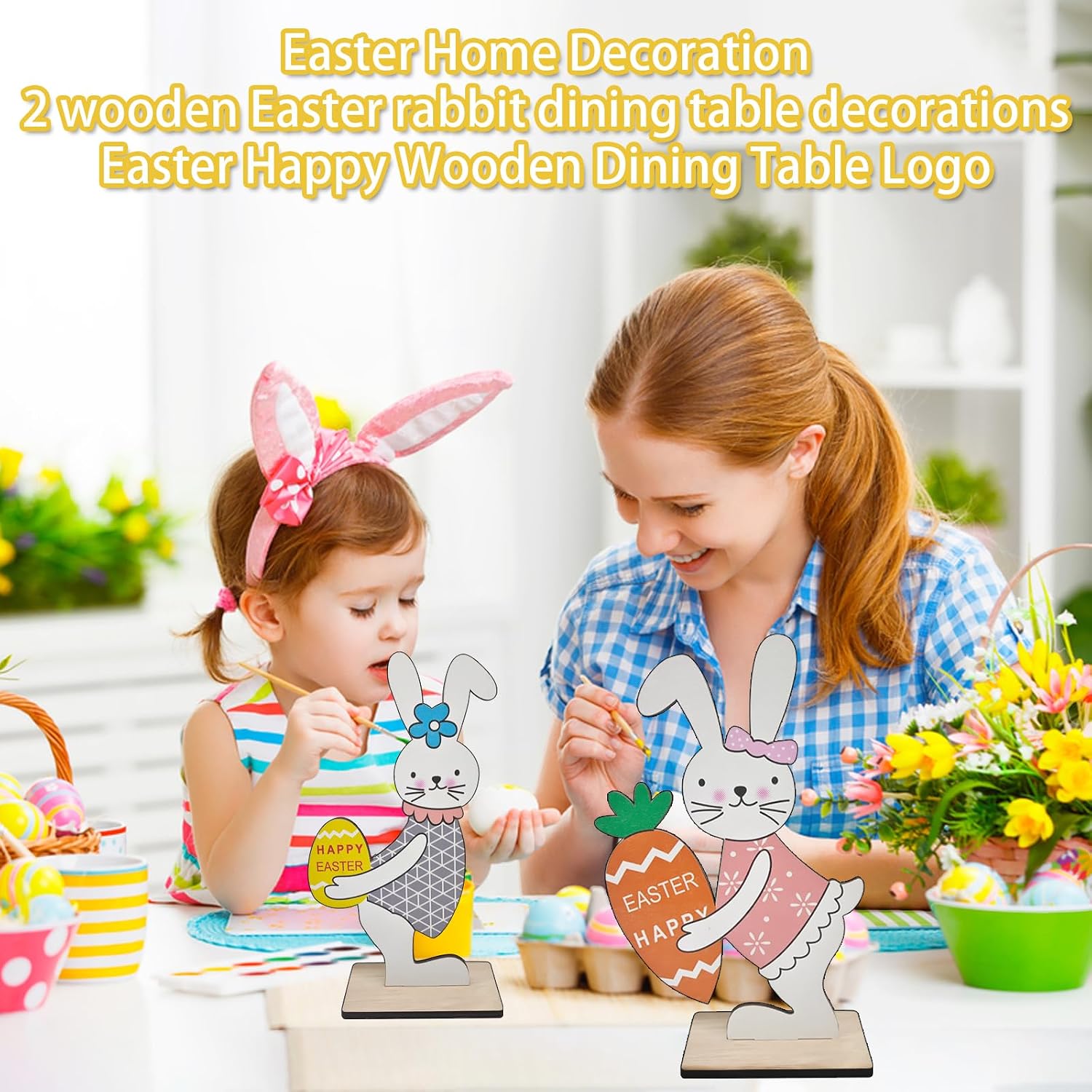 2Pcs Wooden Easter Bunny Table Decorations, Eco-friendly & Craftsmanship, Multicolor, Traditional Style, Tabletop Display, Wipe Clean Care