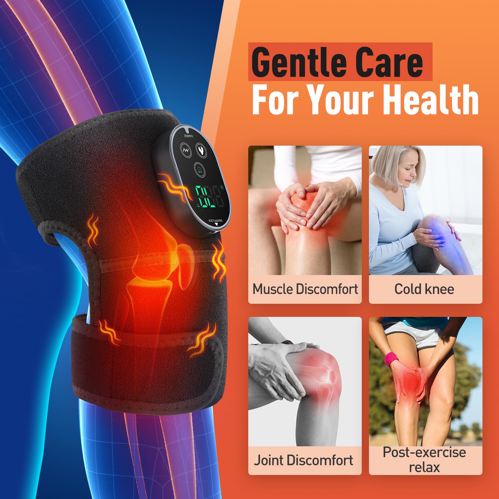 Envoltura De Rodillera Calefactada Sin Cables, Almohadilla Térmica Para Rodilla Con Control De Pantalla Táctil, Almohadilla Térmica Para Hombro Codo Con 6 Niveles De Calentamiento, 3 Modos De Masaje