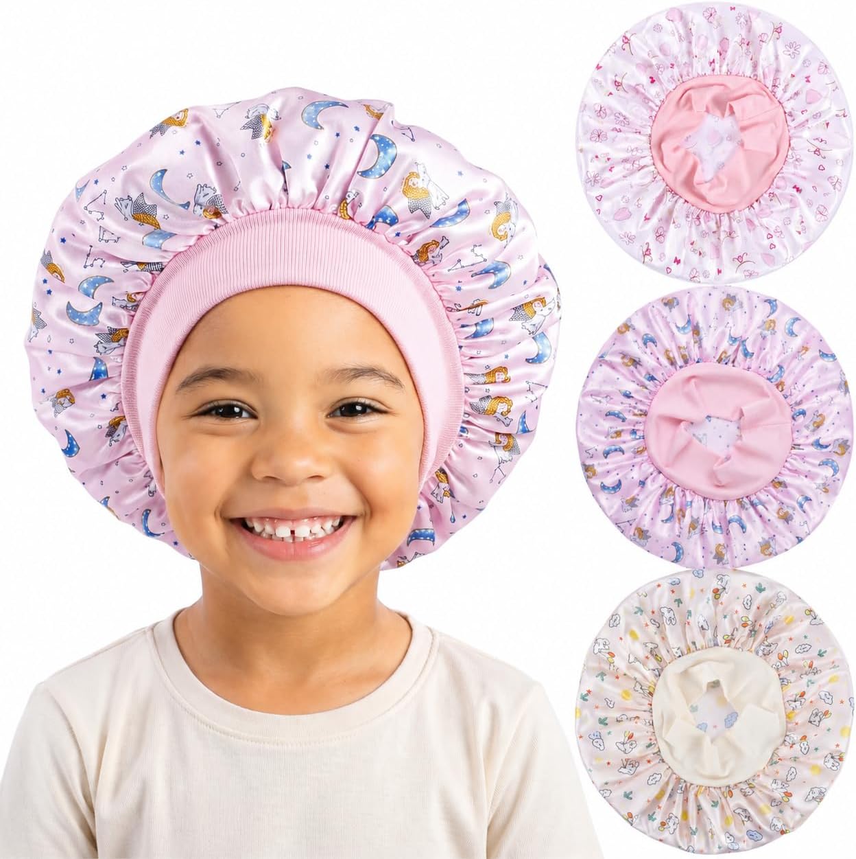 3 Pcs Kids Satin Bonnet, Satin Sleep Cap | Silk Hair Bonnet, Wide Elastic Band, for Curly Hair Girls Boys Toddler Child