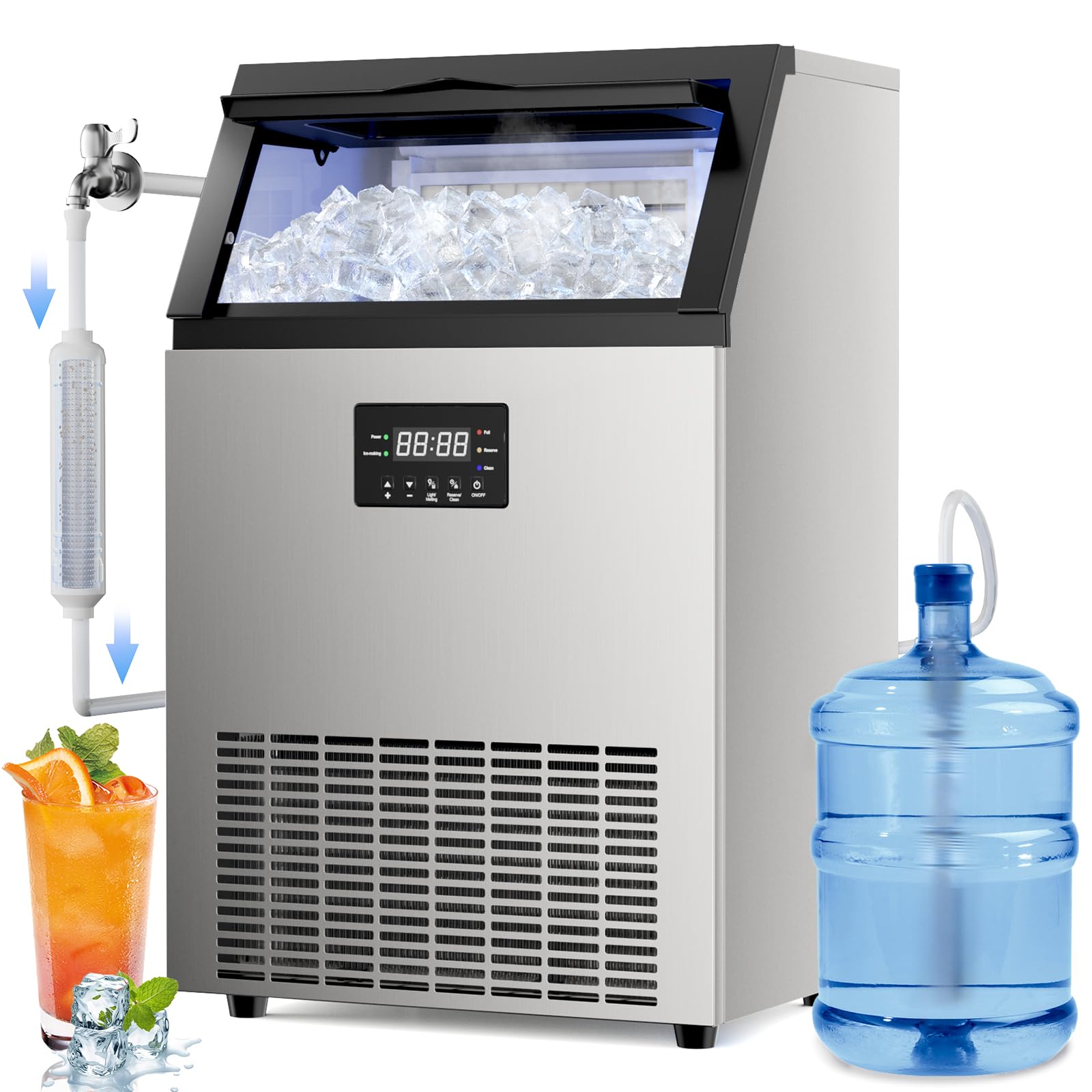 Commercial Ice Maker Machine 200 Lbs/24H Stainless Steel, with 50Lbs Storage Bin, Under Counter or Freestanding Ice Maker, 55 Ice Cubes in 8-15 Minutes for Home & Commercial