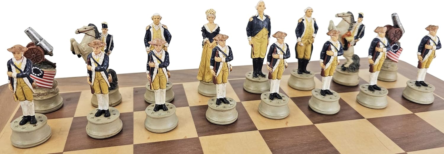 American Revolutionary War Chess Men Set with 17 inch Walnut and Maple Board