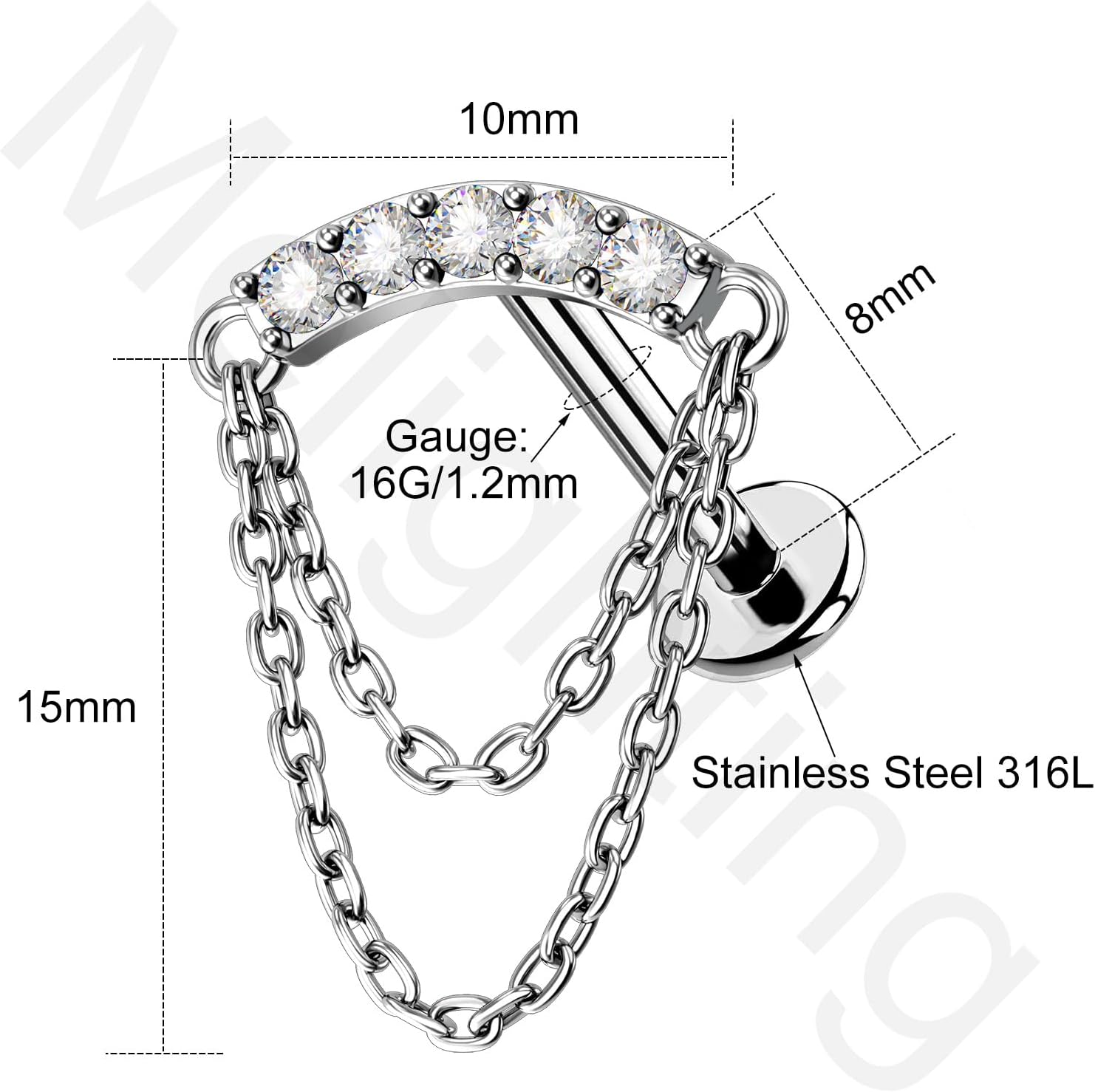 Melighting Double Chain Cartilage Earring 16G Curved Helix Earring Internally Threaded Clear Cz Stainless Steel 316L Flat Back Stud For Women - Image 6