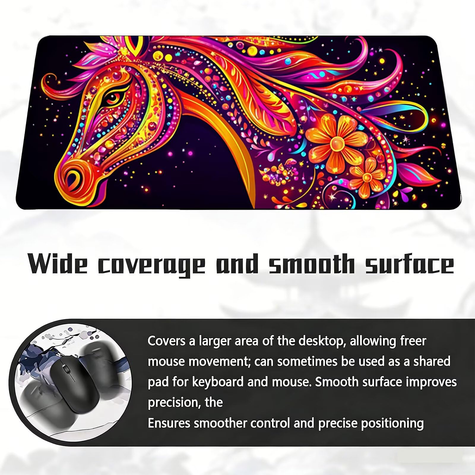 Tappetino Mouse XXL, 70x140cmx3mm Mouse Pad Impermeabile Grand, Gaming Tappetino Per Mouse, Base Antiscivolo in Gomma, Accessori Scrivania, Ufficio Accessori, Cavallo Nero JX6B-266