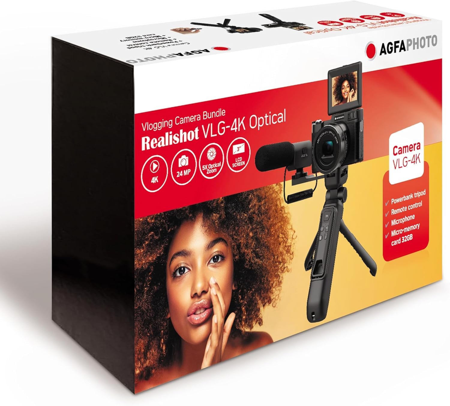 AgfaPhoto - Kit Vlogging tutto in uno: Fotocamera VLG-4K Optical, Treppiede Powerbank, Telecomando, Microfono e Scheda Micro-SD 32GB Inclusa - Immortalate con stile i vostri momenti in 4K! - Nero