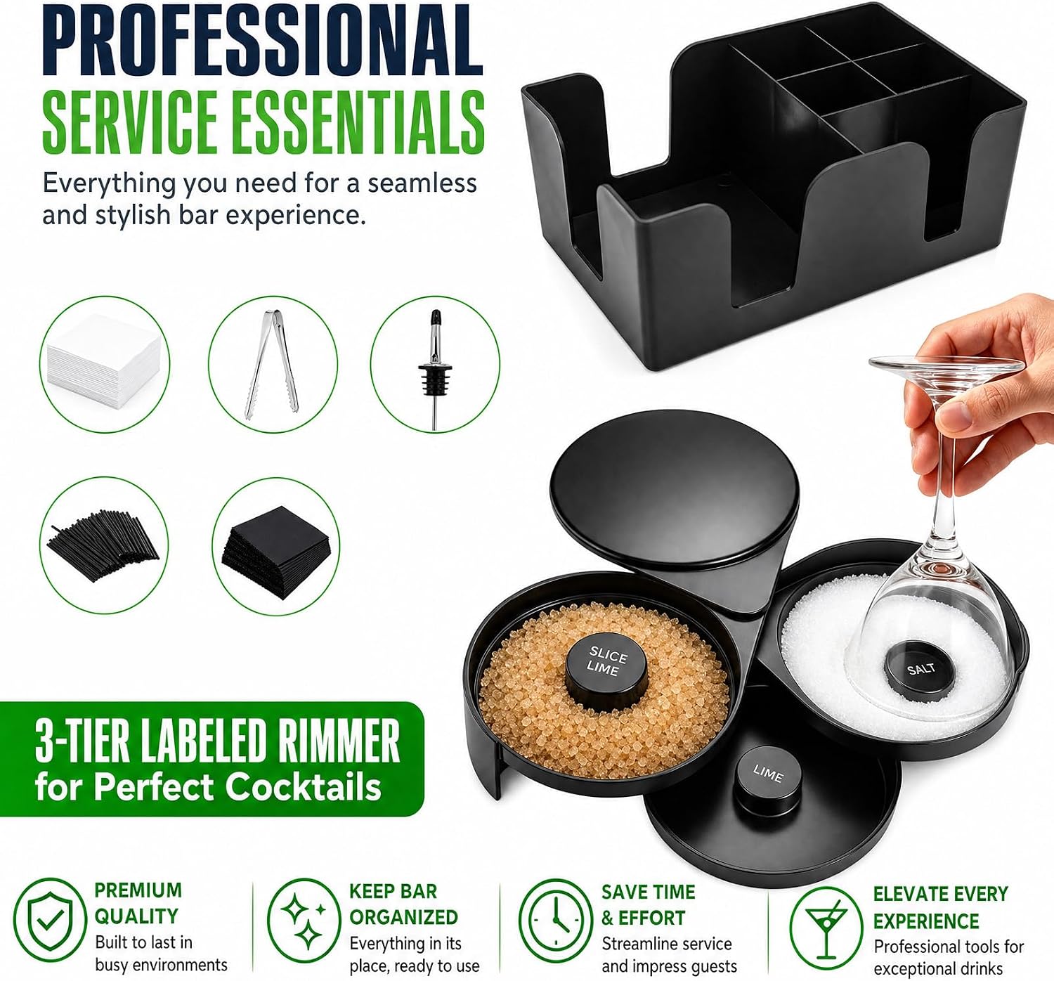 Bartending Supplies Kit: Garnish Tray for Bartenders with Lid, 18"x12" Bar Mat, 2 Plastic Juice Pour Bottles 3 Mini Tongs 12 Classic Liquor Bottle Pourers 500 Cocktail Straws