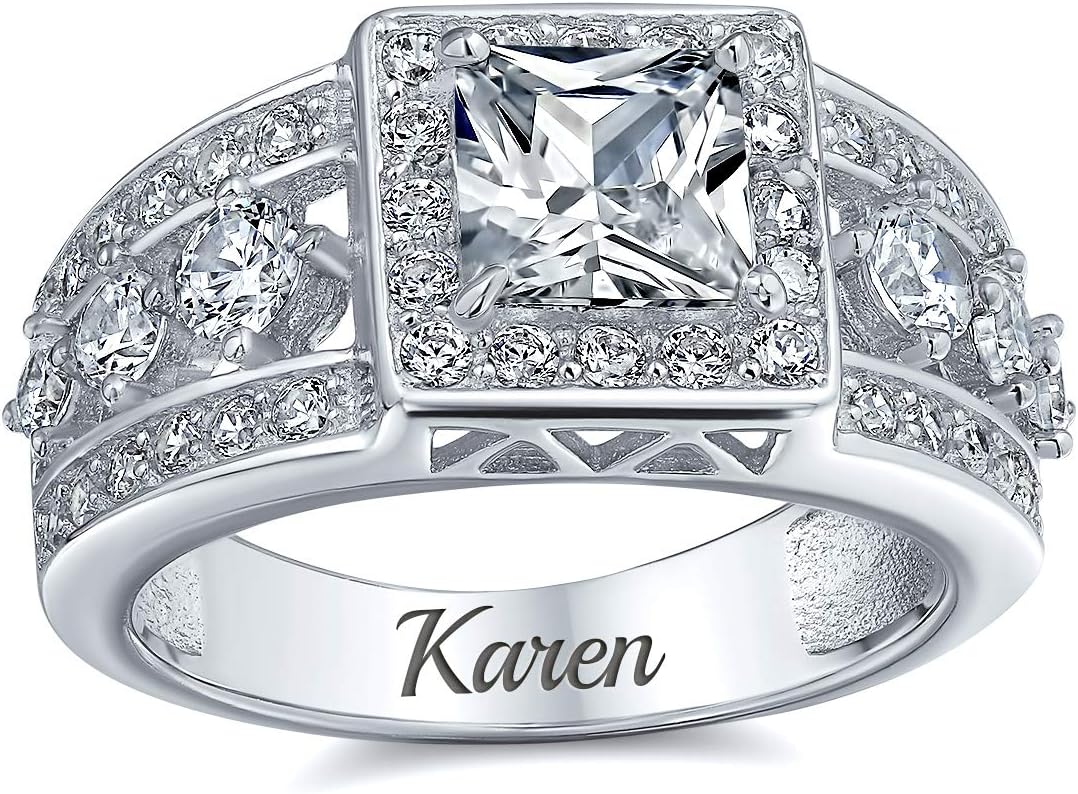 Personalize Vintage Antique Art Deco Style 2CT AAA CZ Pave Halo Square Cushion Cut Solitaire Engagement Ring For Women .925 Sterling Silver Split Baguette Side Stone Milgrain Edge Band Customizable