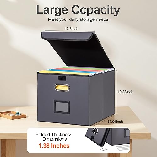 Vista 27 de Caja de archivos plegable con tapa y deslizador de plástico, organizador de documentos colgantes para oficina/hogar, 14.96 x 12.6 x 10.83 pulgadas