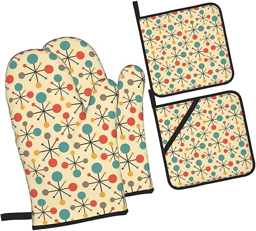 Guantes de horno atómicos y soportes para ollas retro de mediados de siglo Fifties, resistentes al calor, juego de 4 piezas, impermeables,