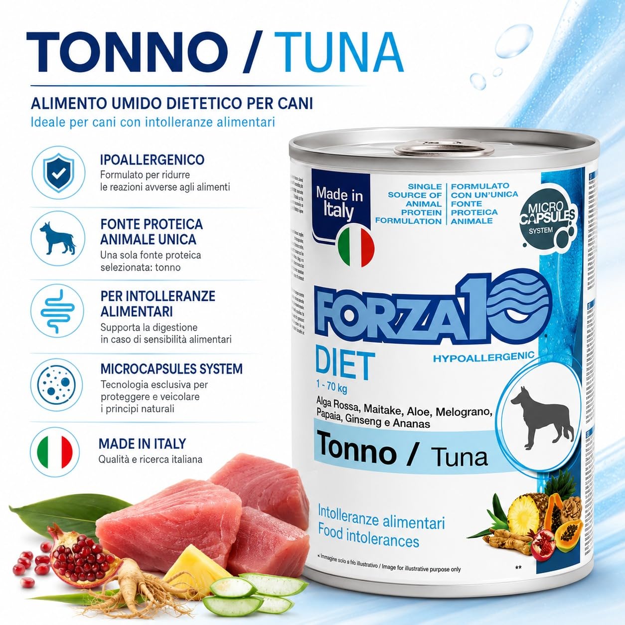 Tonno – Forza10 Diet Cibo Umido per Cani Adulti di tutte le Taglie e Razze, Monoproteico, Intolleranze alimentari 12 Lattine x 400g, Alimento Completo.