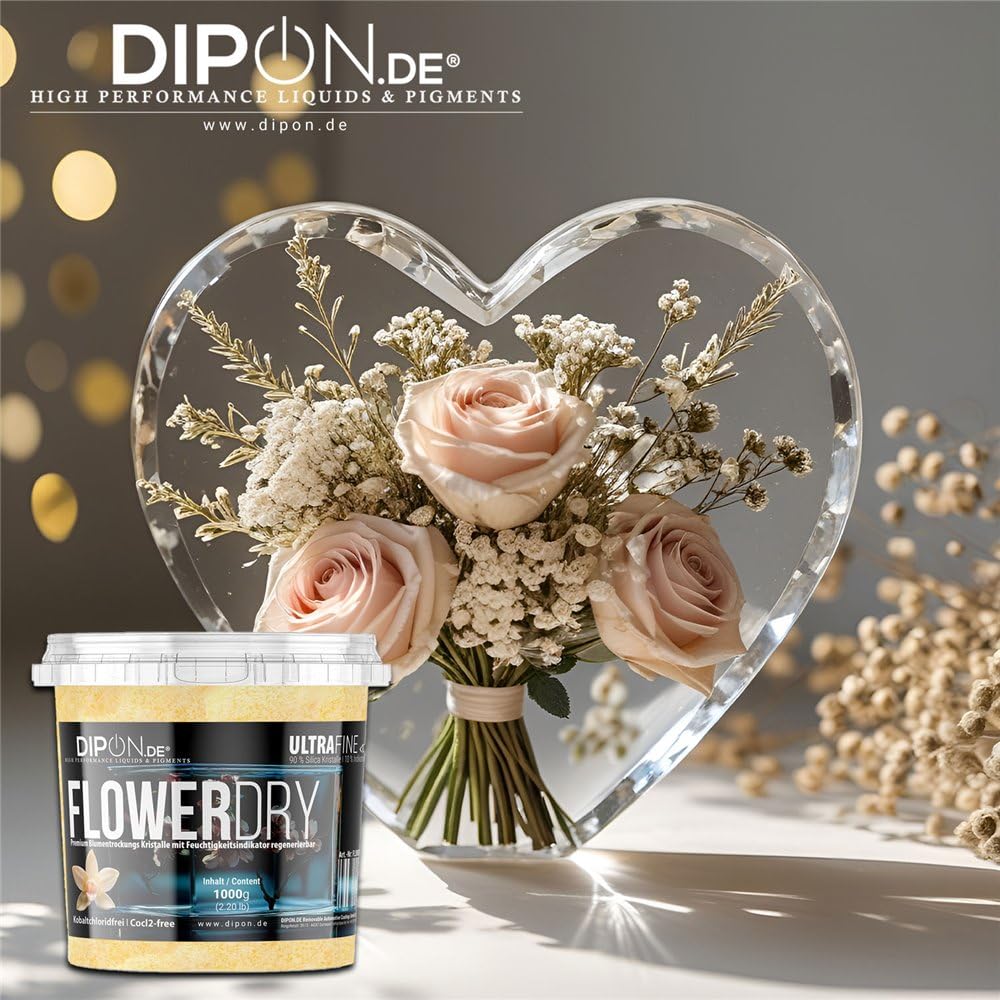 FlowerDry Ultra Fine mit Feuchte Indikator Blumentrocknung Kieselgel zum Trocknen von Blumen, Feinen Kristallen, Trockenmittel, Wiederverwendbares Blumenschutzmittel (5 kg (5 x 1 kg) Tüte)