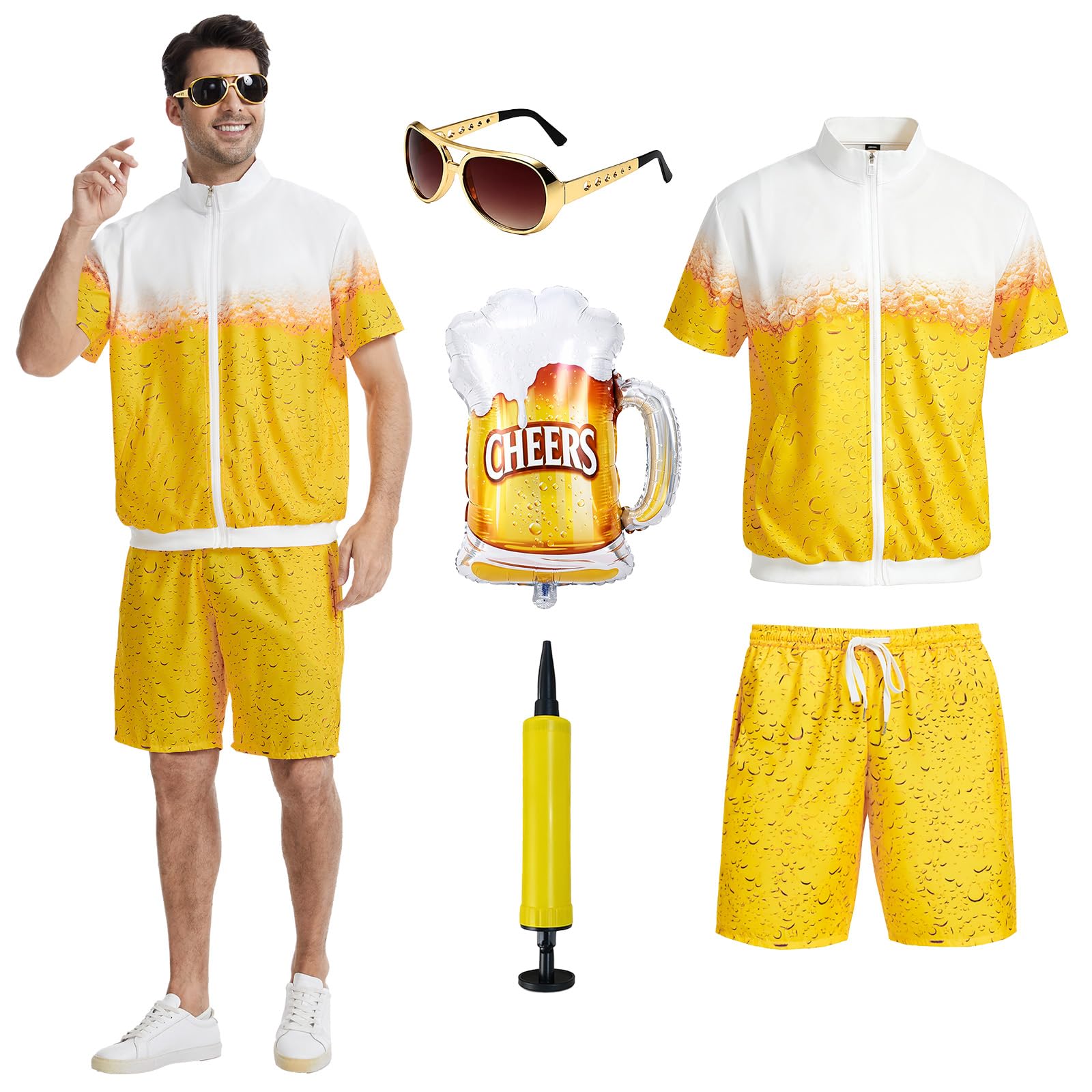 Crubelon Party Fashion Beer Print Tracksuit, Unisex Adult 80s Style Outfit for Music Festival Oktoberfest Carnival Theme Party (Yellow, L)