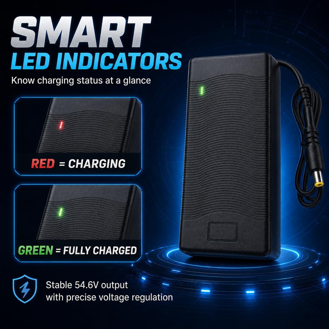 54.6V 5A Battery Charger for 48V Li-ion Battery | 7 Interchangeable Plugs | 5-in-1 Safety Protection | Compatible with Lectric XP 1.0/2.0/3.0/Lite Kaabo VSETT Evercross and More | Input 100-240V