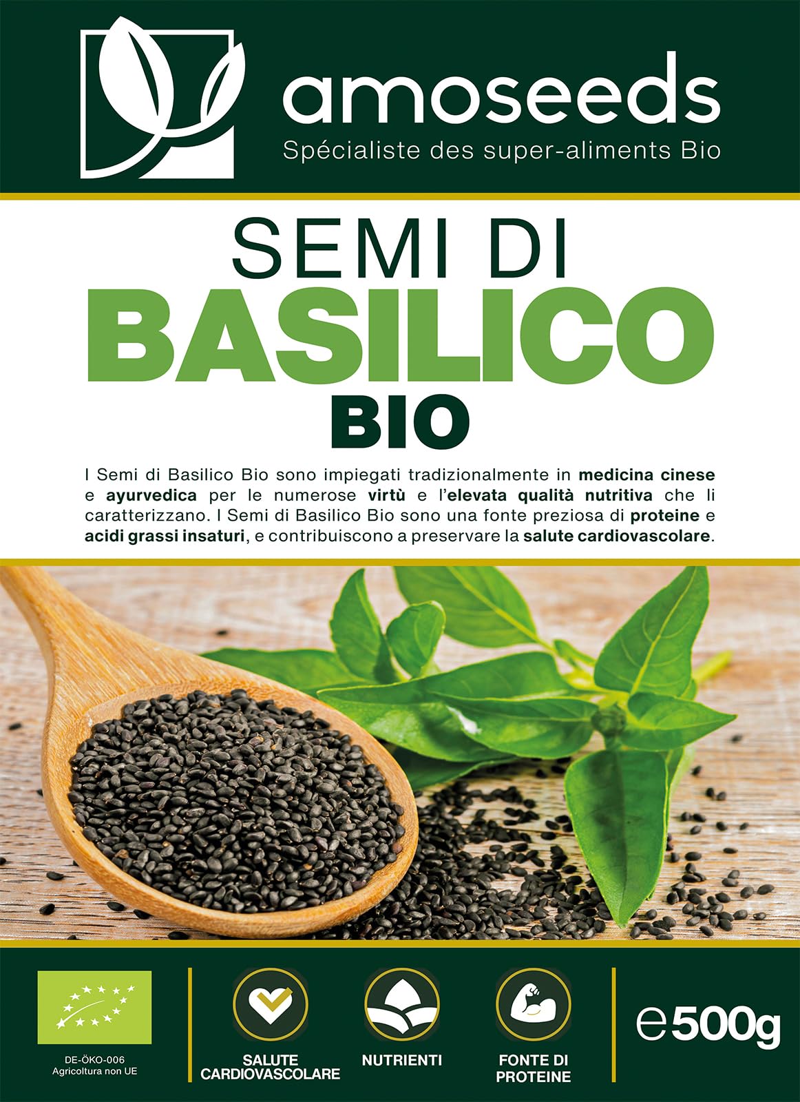 Semi di Basilico Bio 500G | Sazietà, Rinfrescanti, Ricchi di Proteine | Simili ai semi di Chia | Qualità Superiore