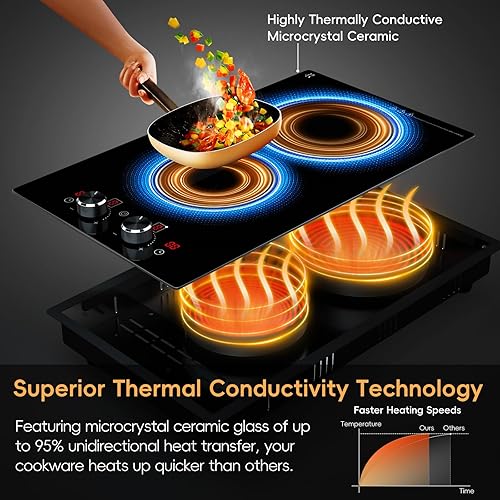 Miniatura 2 de Estufa eléctrica de 2 quemadores de 220-240 V, 3000 W con diseño integrado, control de perilla de 12 pulgadas, placa de cerámica con bloqueo de