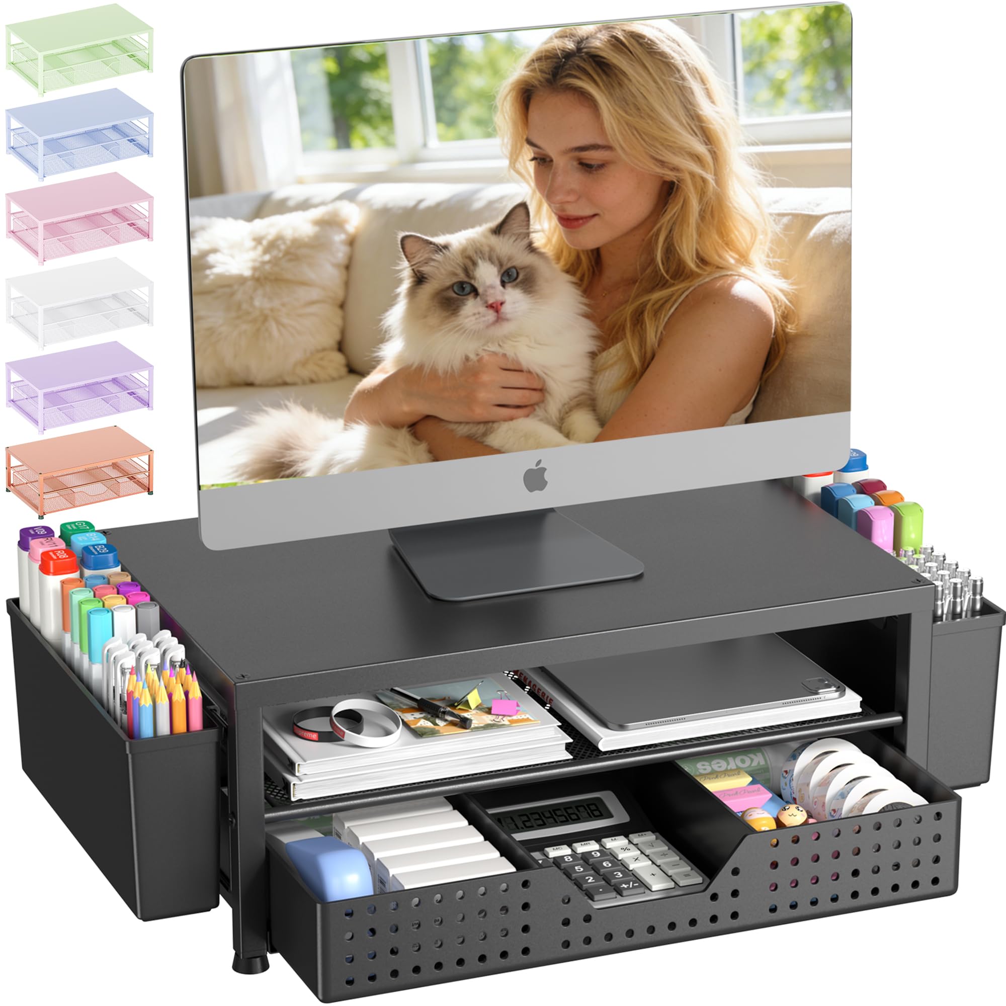 OPNICE Desk Organizer, Monitor Stand Riser with Drawer and 2 Pen Holders Black
