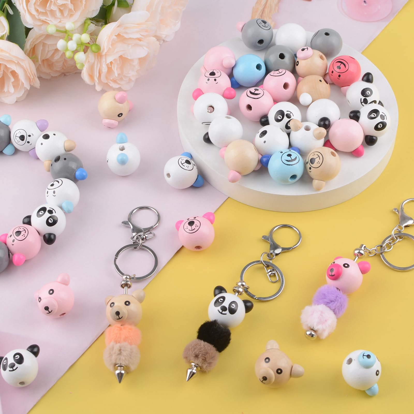 Bonito juego de cuentas de madera de animales, 50 cuentas de madera con cabeza de oso, patrón impreso, espaciador de madera natural, cuentas sueltas para manualidades, collares, pulseras,