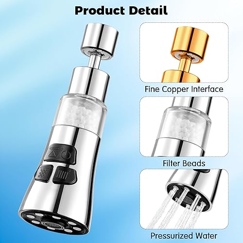 Miniatura 3 de Grifo de filtro de agua para fregadero, juego de filtro giratorio de 360 con 9 accesorios, extensor de rociador de 3 modos, purificador para