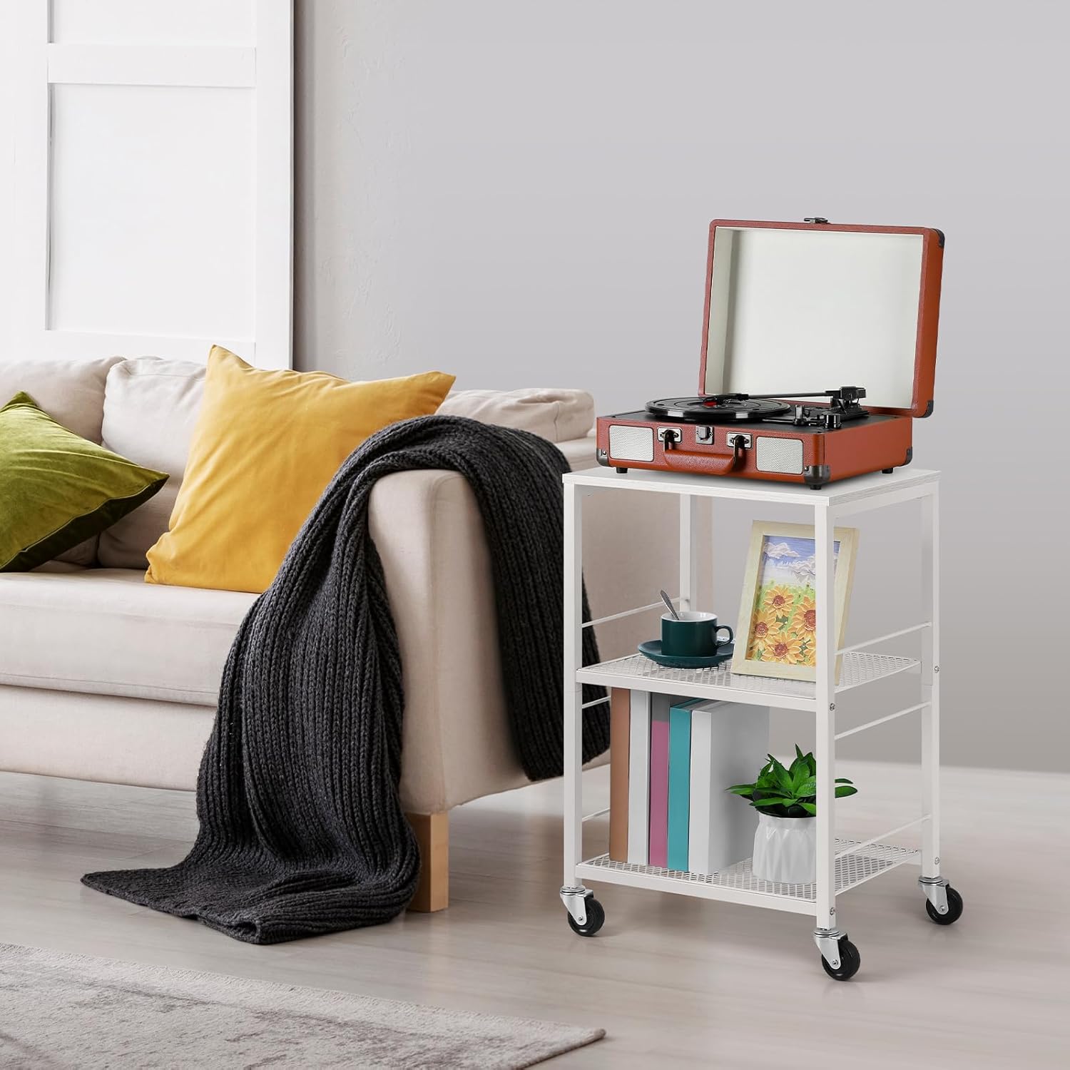 ETELI Side Table 3 Tier End Table Small with Wheels Rolling End Side Table with Storage Shelves White Night Stand for Kitchen Bedroom Bathroom Office Living Room