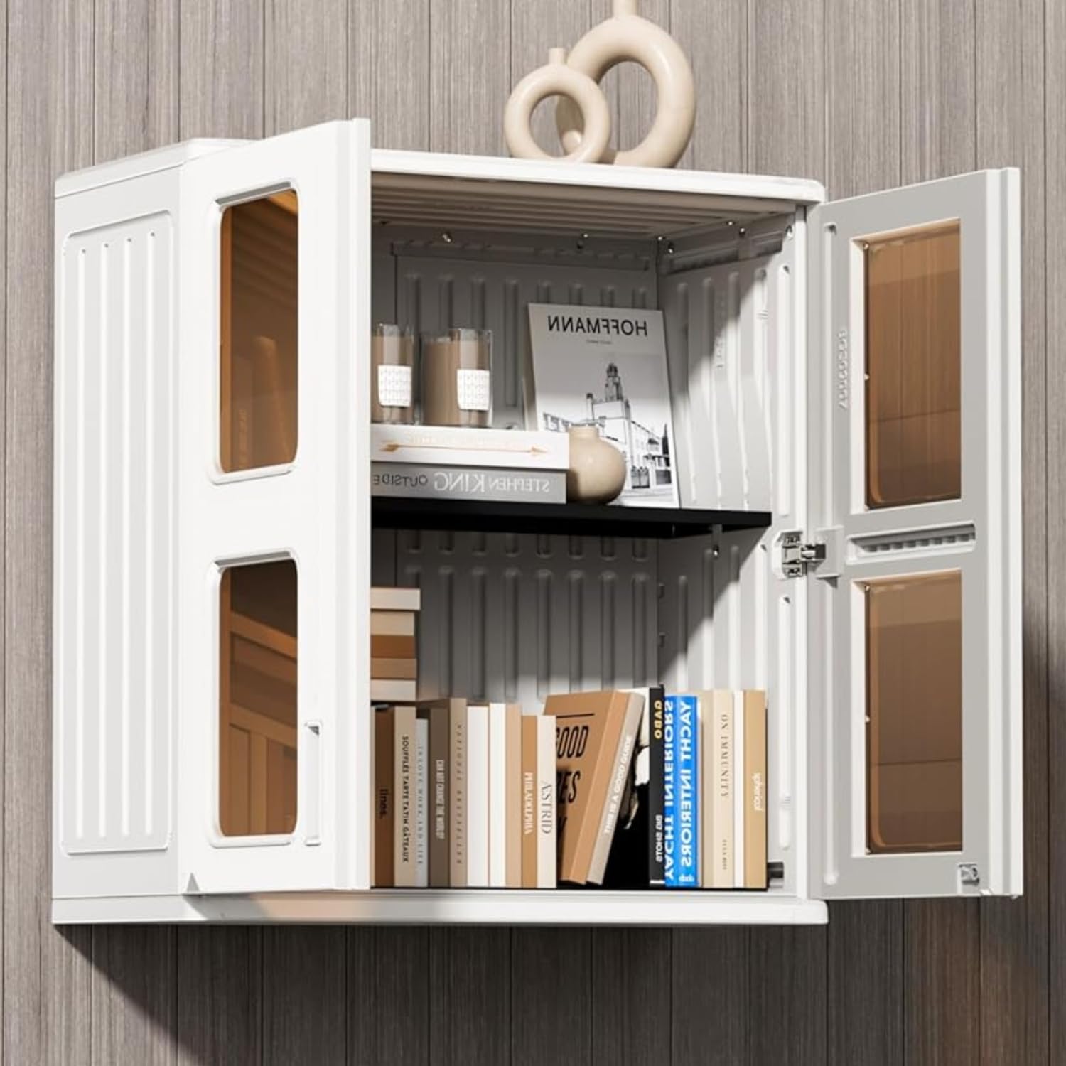 ZZM Resin Wall Cabinet Double Door,Bathroom Storage Organizer (L28*W13*H30in) Decorative Display Case,Small Kitchen Storage Cabinet with One Shelf,