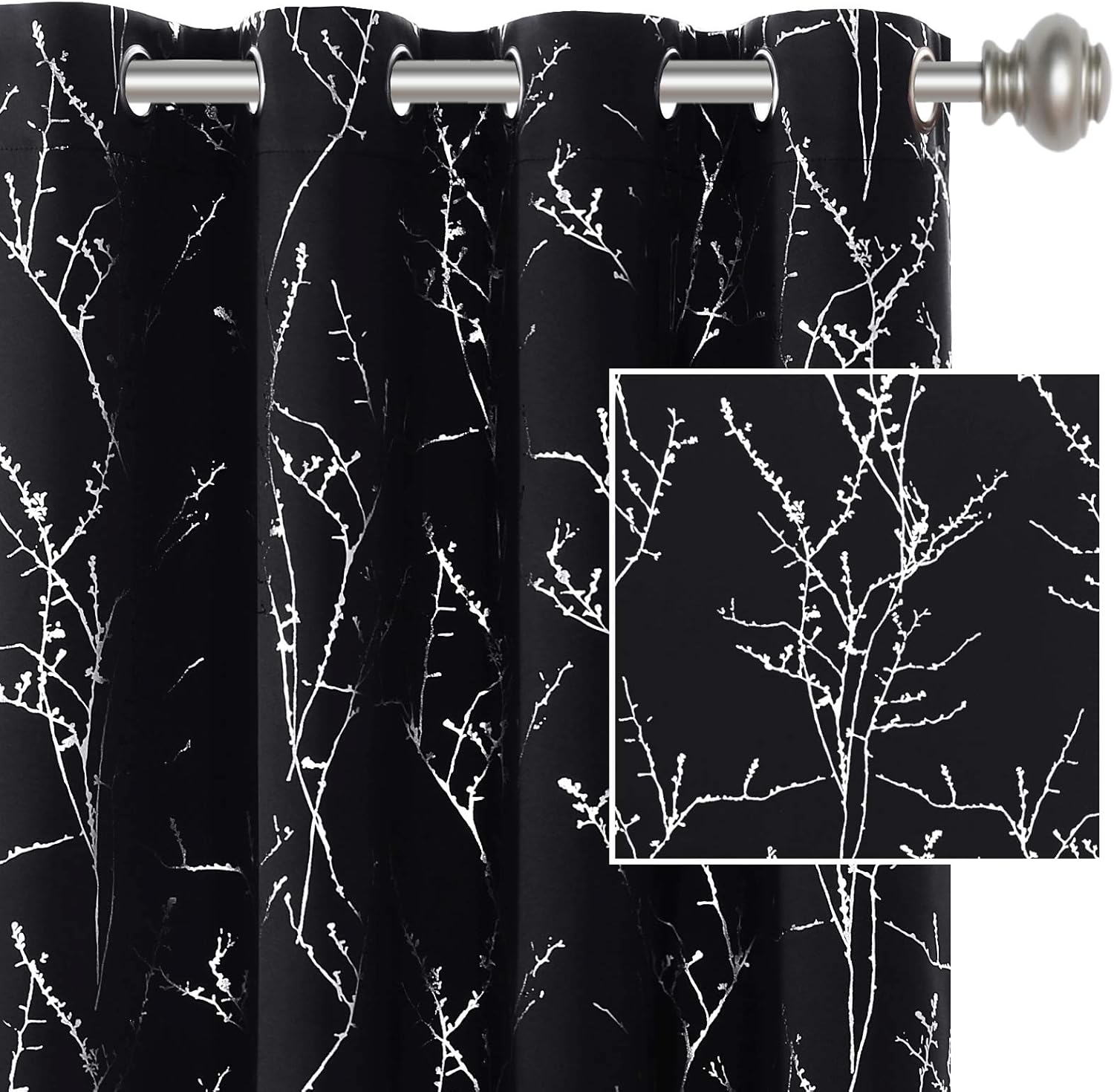 H.VERSAILTEX Blackout Curtains for Bedroom Foil Print Twig Tree Branch Thermal Insulated Grommet Curtain Drapes Light Blocking Thick Soft Window Curtains for Living 52 x 63 Inch, 2 Panels, Black