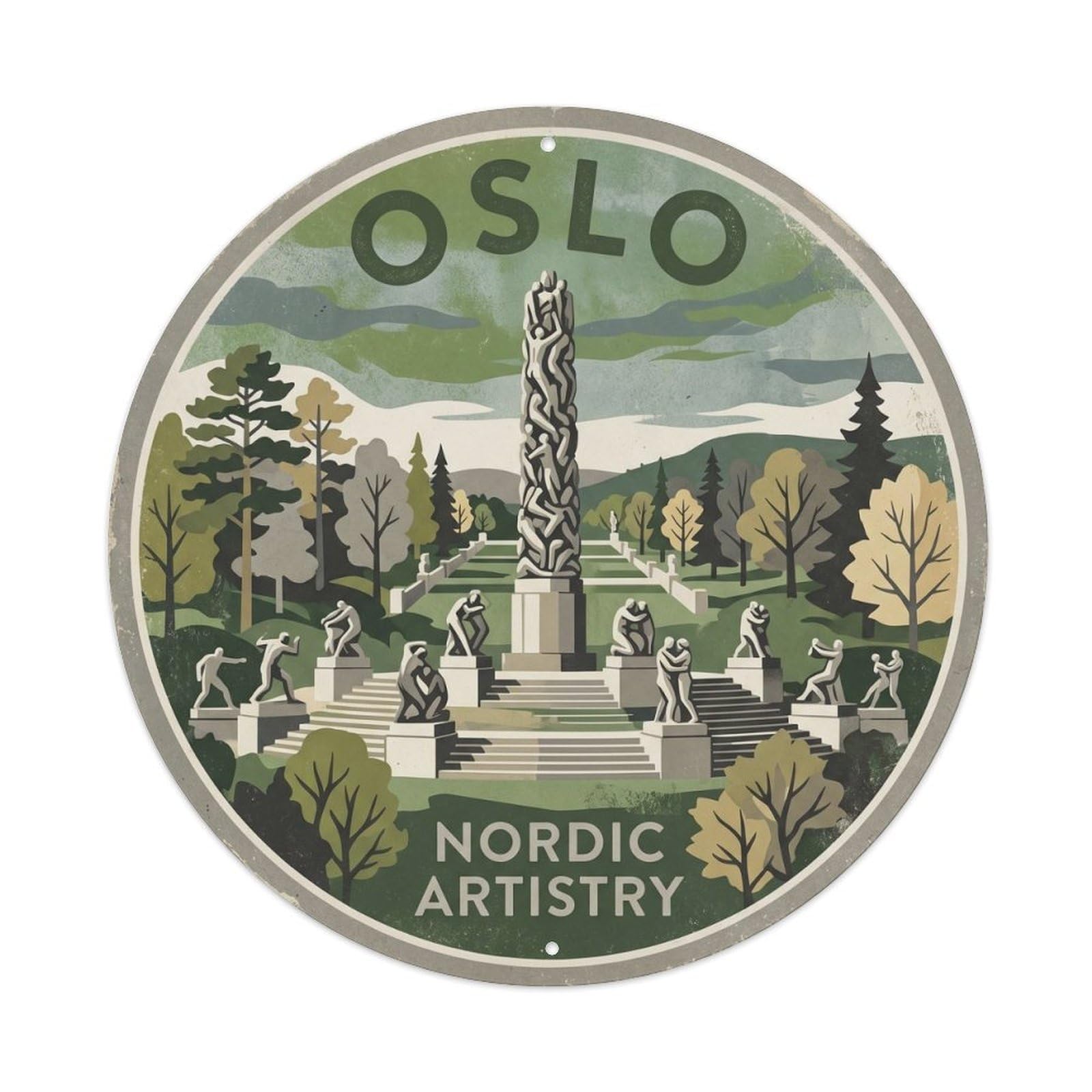 Cmhok Vintage Style Vintage Travel Oslo Norway Sculpture Metal Tin Sign Plaque Wall Decor For Cafe, Club, Garden Round Metal Poster 8X8inch