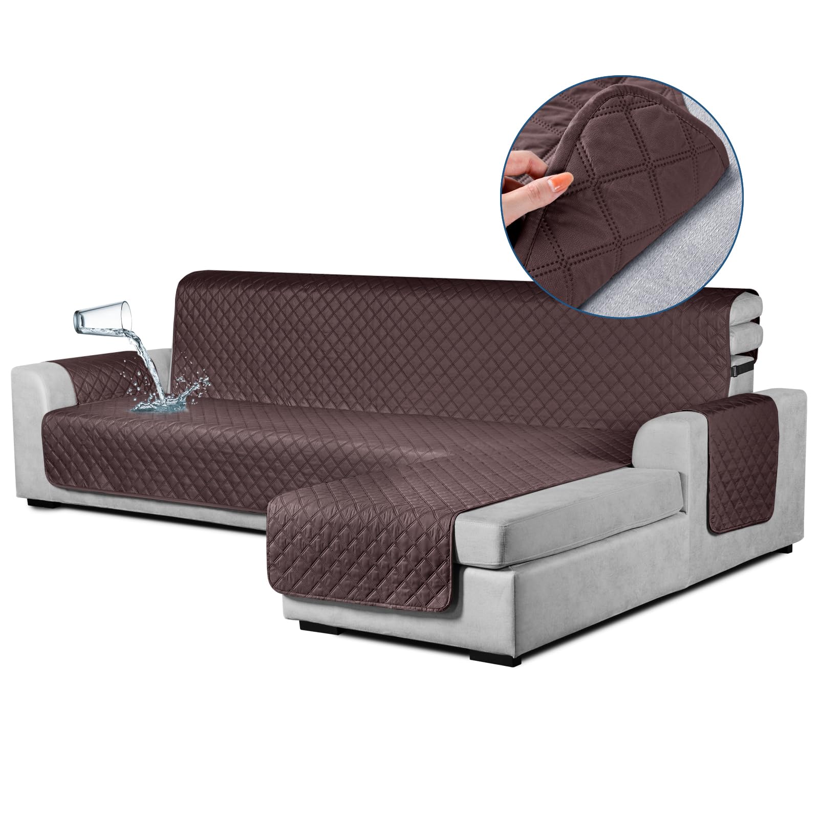 TAOCOCO Waterproof L Shaped Couch Cover Sectional Sofa Cover, 1 Piece Reversible Pet Couch Cover with Chaise Lounge for Sectional Sofa L Shape with Straps for Kids Pets(X-Large, Coffee)