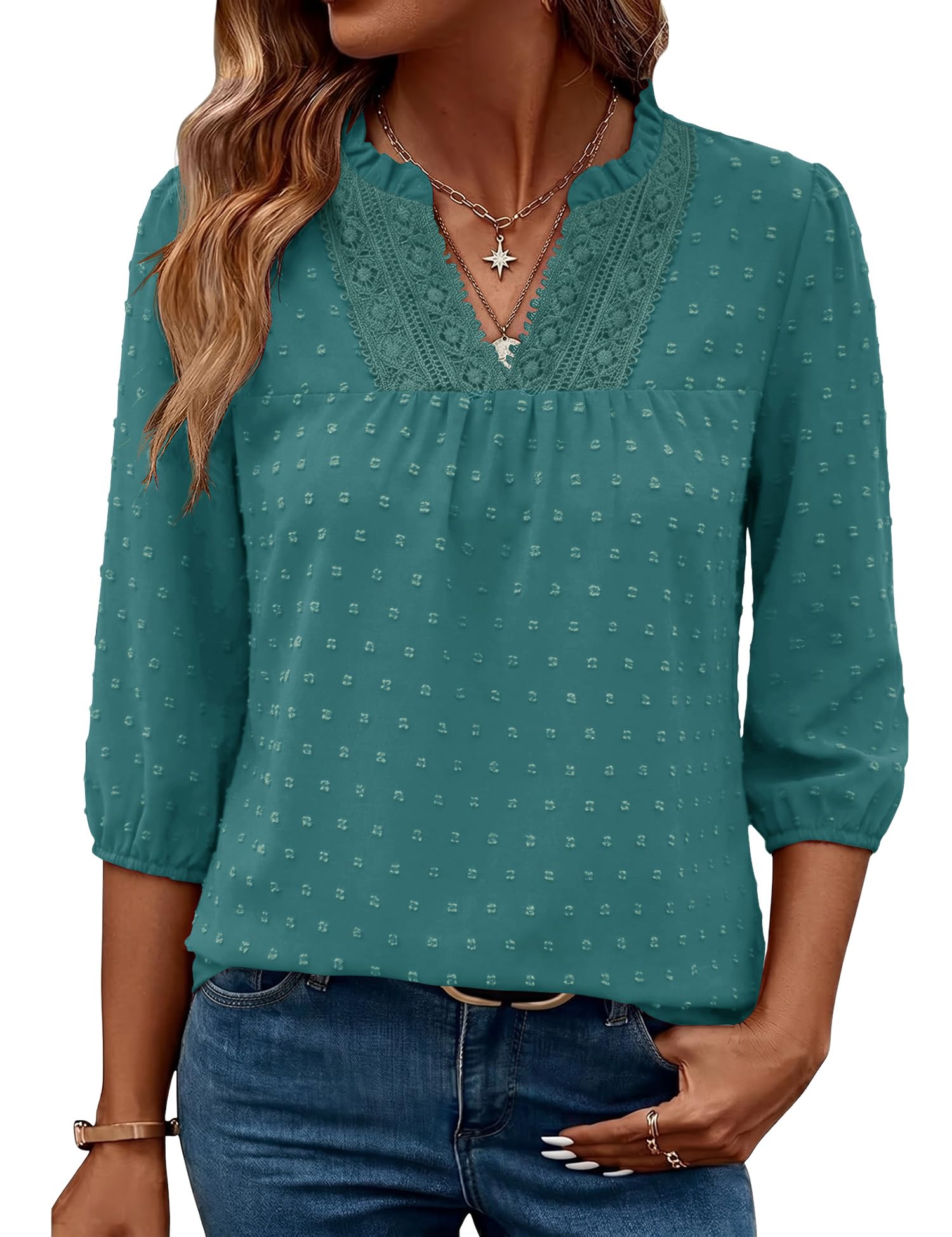 iWoo Damenbluse 3/4 Arm V-Ausschnitt Elegant Spitze Tunika Sommer Top 2026 | Elegant Locker Loose Fit Outfits,Elegante V-Ausschnitt Spitze 3/4 Arm,Atmungsaktives Business Sommer Top für Büro oder Urlaub