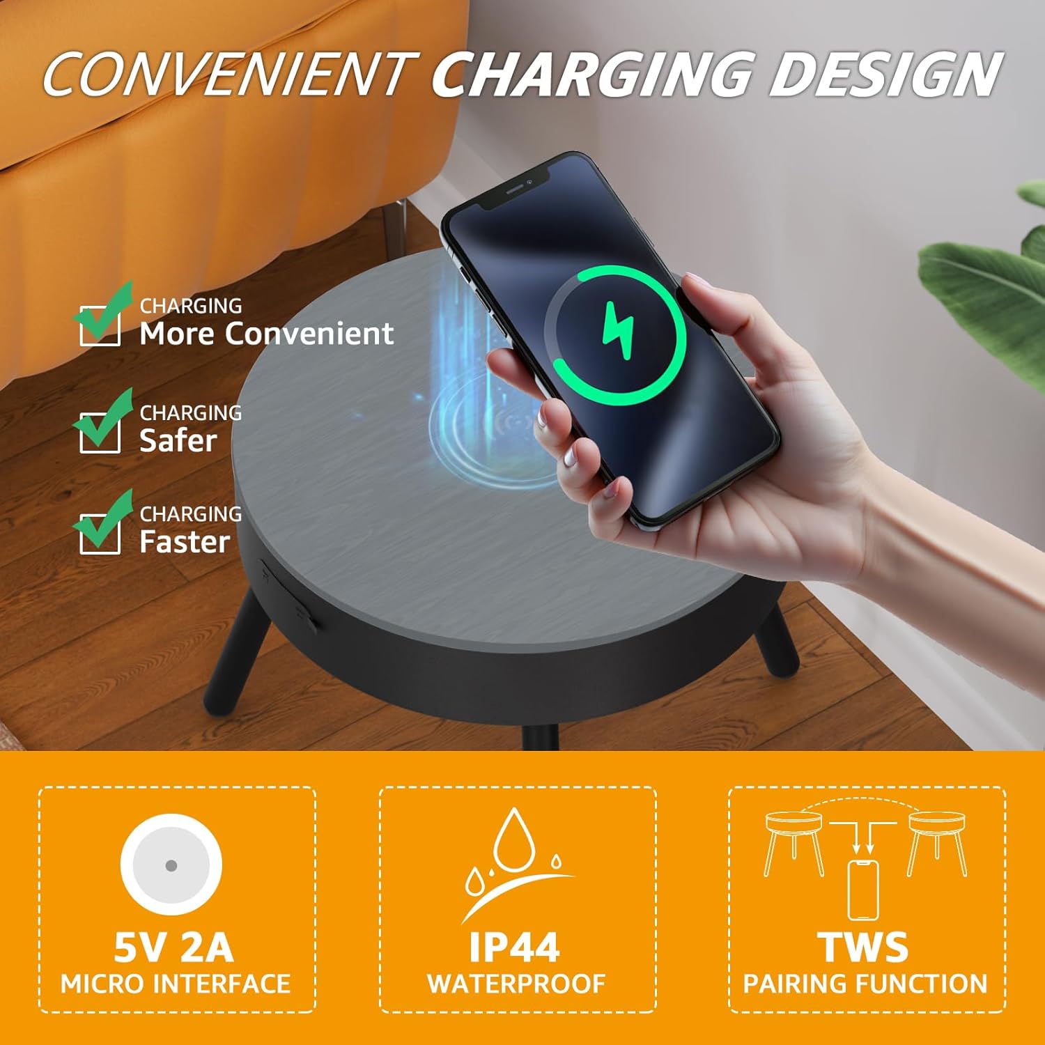 A smartphone wirelessly charging on the table's surface, with icons indicating convenience, safety, and speed.