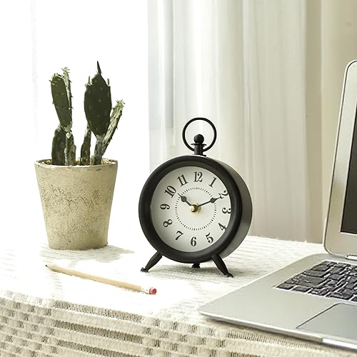 EMAX HOME - Reloj de escritorio y estante negro pequeño, 4.7 x 7.3 pulgadas, reloj de mesa retro elegante con cubierta de vidrio, reloj decorativo