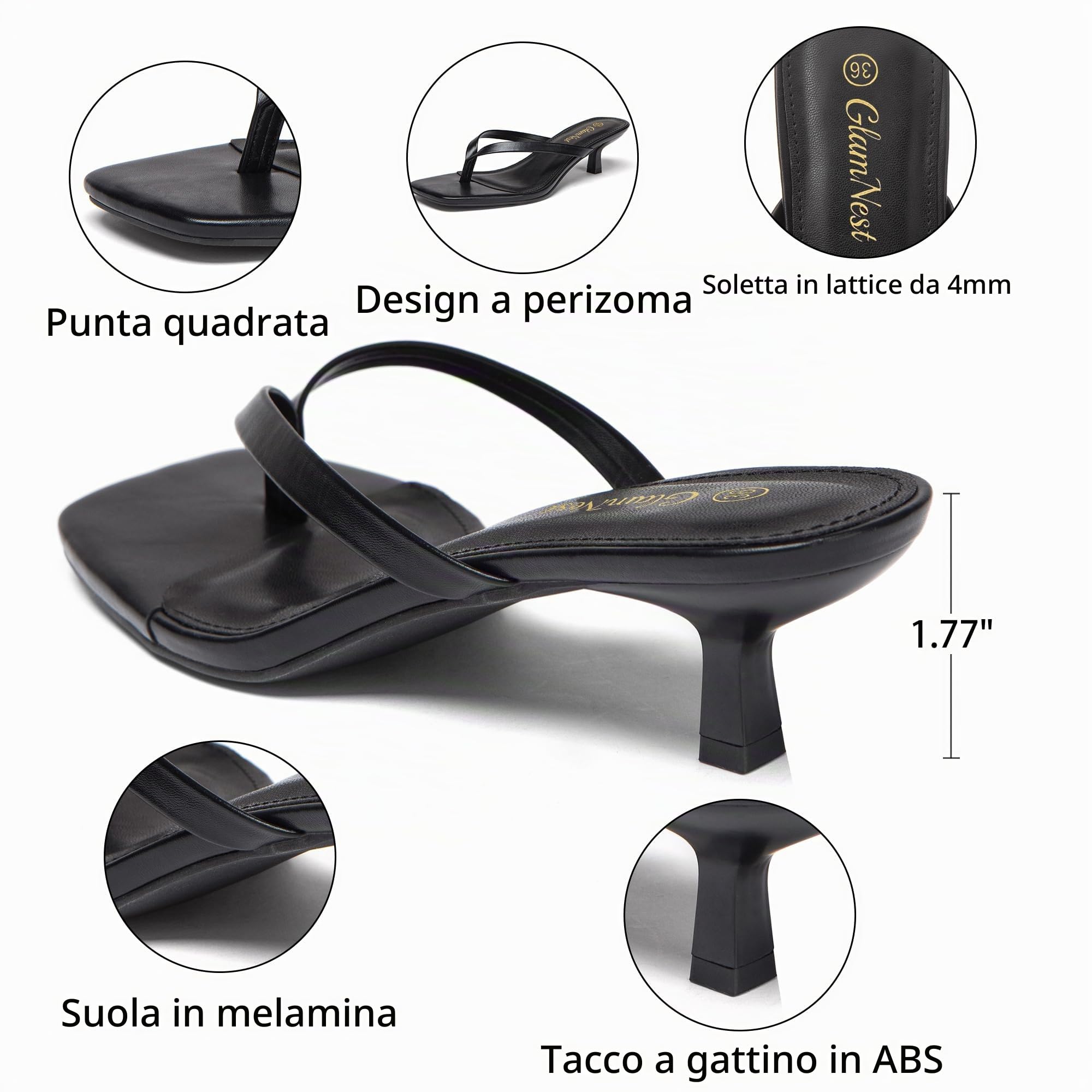 Sandali da donna con tacco a gattino, punta quadrata, infradito, 4,5 cm, sandali infradito da donna con tacco basso