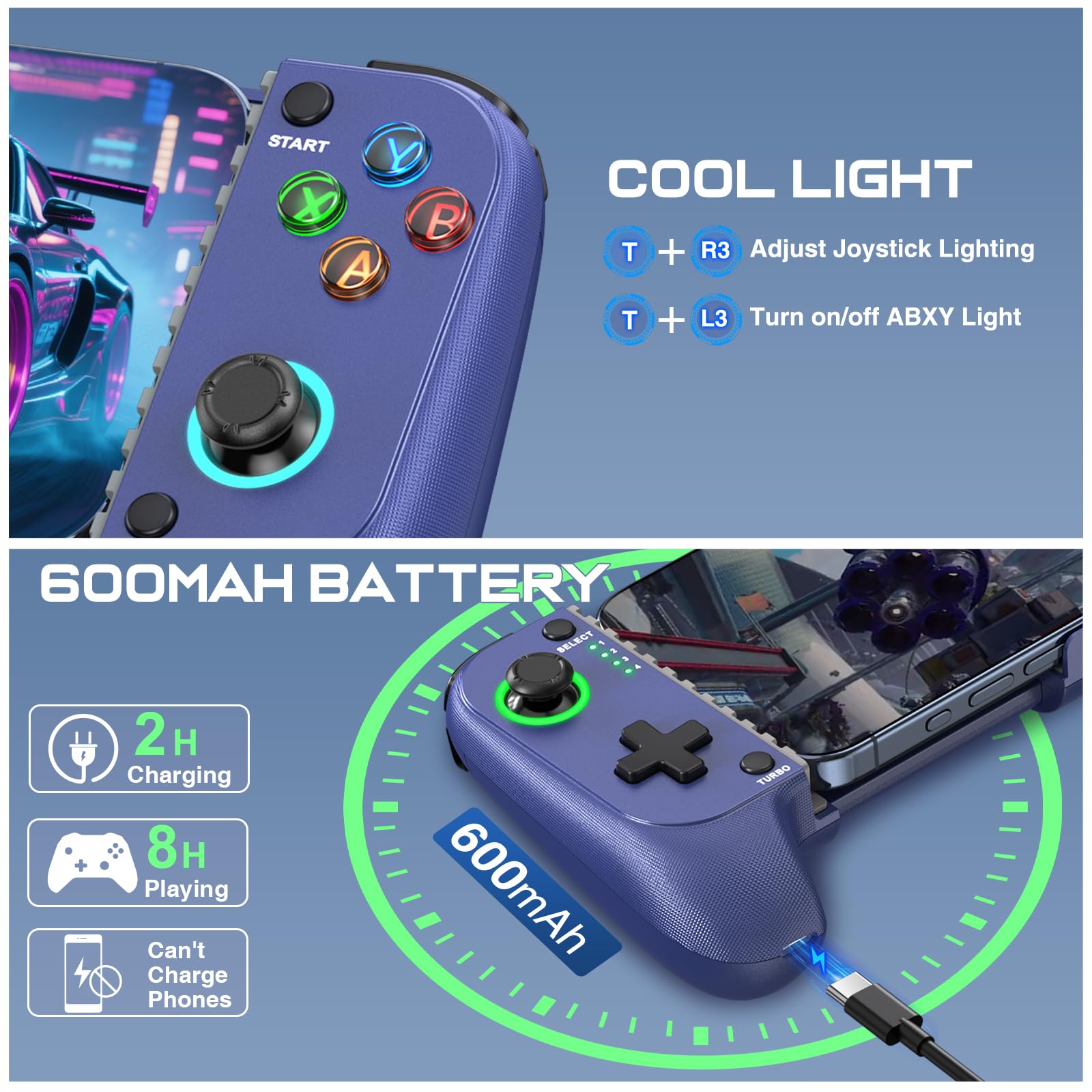 Controlador de juego móvil para iPhone/Android, mando de teléfono inalámbrico, compatible con funda de teléfono, controlador de juegos con palanca de mando Hall adecuado para Xbox Game Pass, Steam
