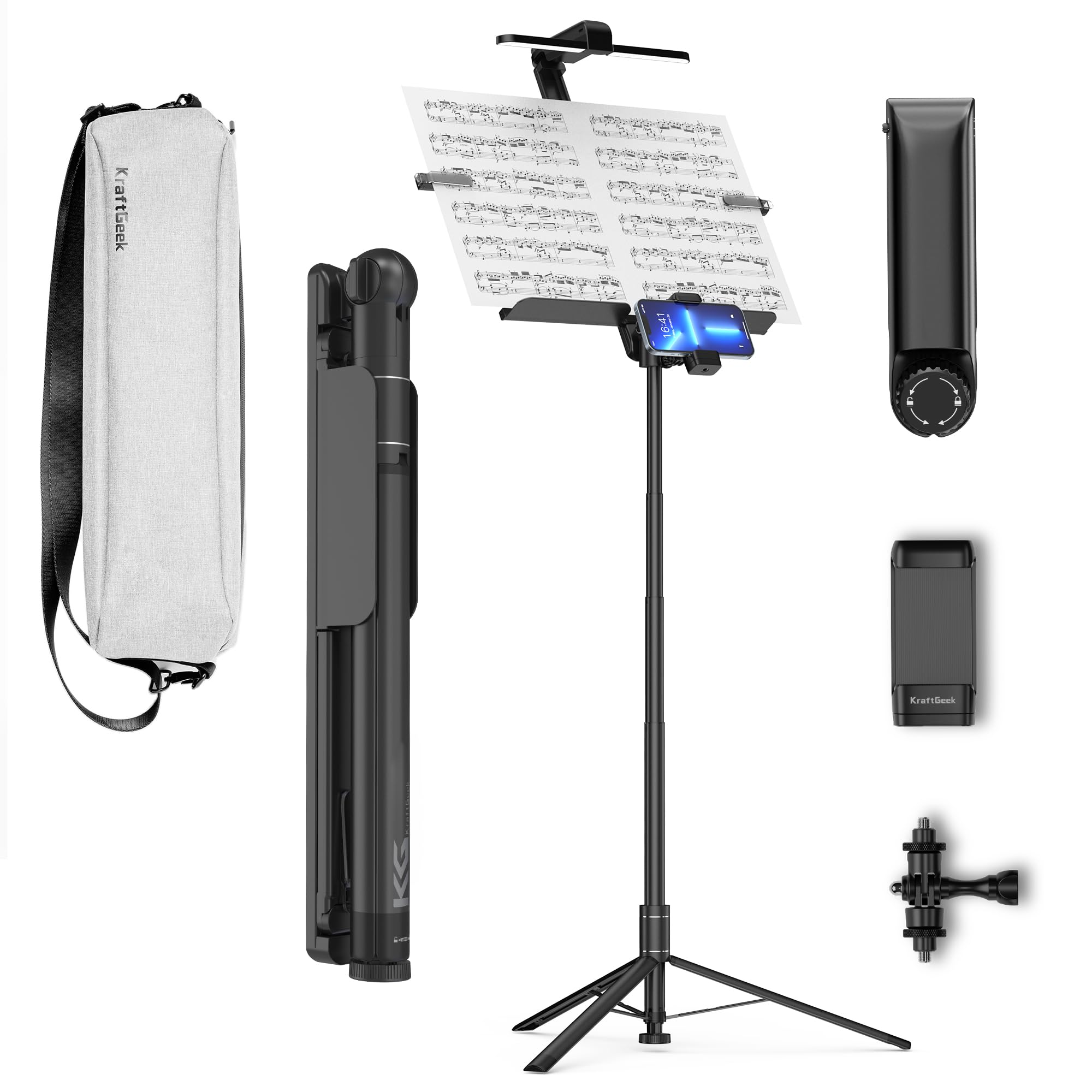 KraftGeek 66" Portable Music Stand Kit for Music Sheet, Travel Music Stand Full Set Includes Carry Bag, Light, Phone Mount