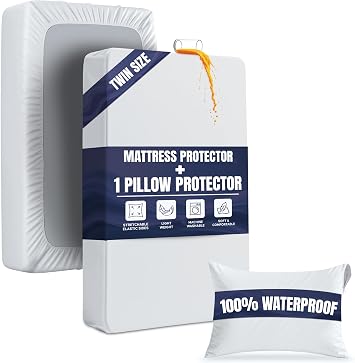 Waterproof Mattress Protector and Pillow Case, Twin Size, Includes +1 Zippered Pillow Protector and 1 Mattress Cover Set, Fitted Sheet Style Deep Pockets with All Around Elastic